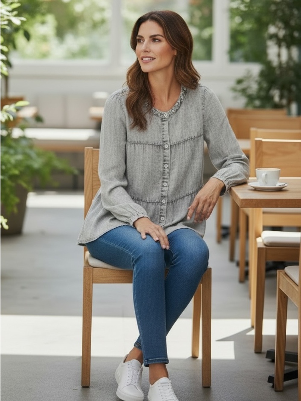 NWT Jane + Delancey Acid Wash Chambray Peplum Blouse Size L - Picture 3 of 12